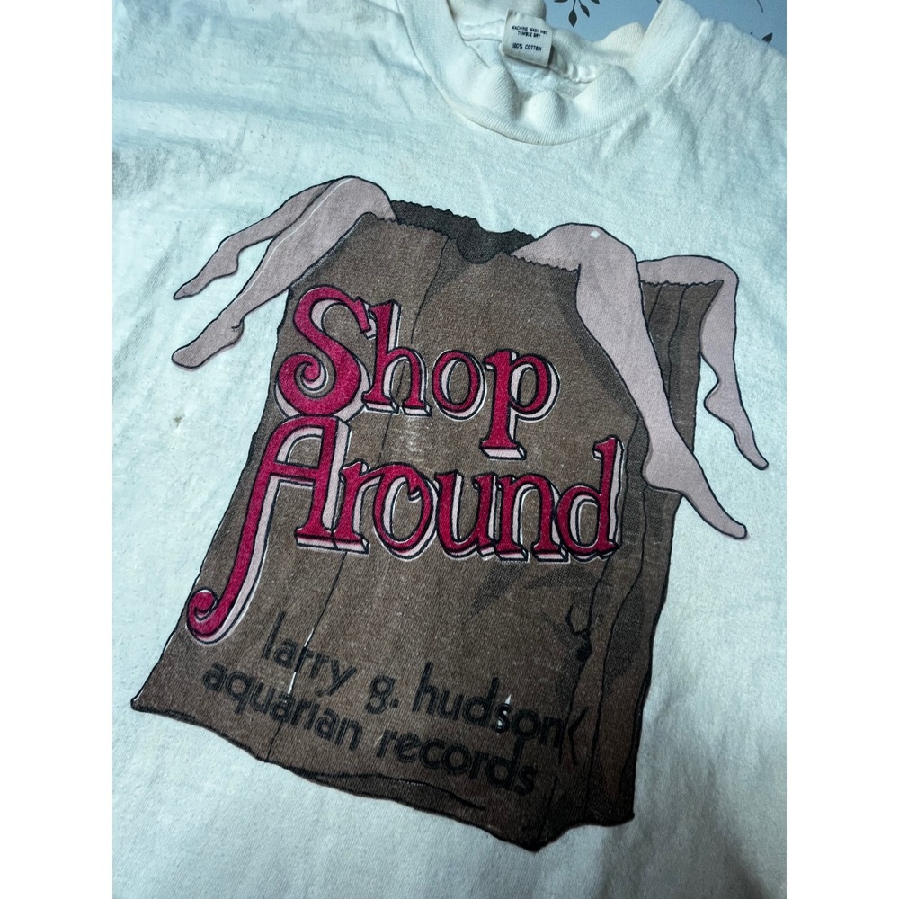 Vintage 70s Larry G Hudson Shop Around T-Shirt Hanes Large White Single Stitch